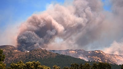 Fumo e chamas elevam‑se enquanto um incêndio florestal avança perto de La Adrada, província de Ávila, Espanha, sexta‑feira, 24 de julho de 2026. (Foto AP/Manu Fernández)