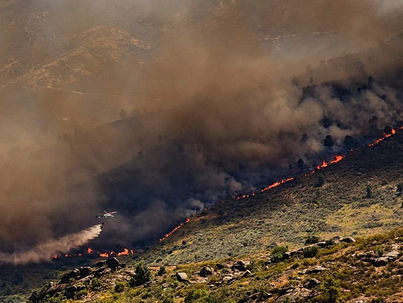 Un muro de llamas avanza mientras un incendio arde cerca de Burgohondo, en Ávila, España, el 23 de julio de 2026. (Mateo Lanzuela/Europa Press vía AP)