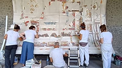 24 Temmuz 2026'da Pompeii Arkeoloji Parkı'ndaki Fırın Evi'nin restore edilmiş tavanından bir bölüm. (Parco Archeologico di Pompei / AP)
