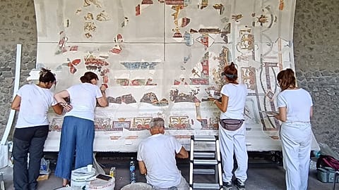 Part of the restored ceiling of the Bakery House at the Pompeii Archaeological Park, 24 July, 2026. (Parco Archeologico di Pompei via AP)