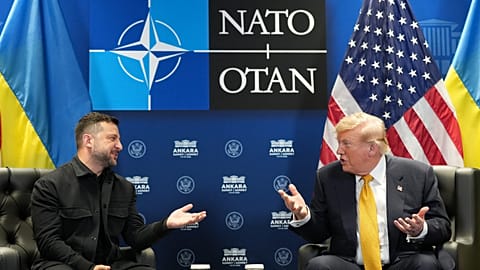 U.S. President Donald Trump meets with Ukraine's President Volodymyr Zelenskyy on the sidelines of the NATO summit in Ankara, Turkey, Wednesday, 8 July, 2026.