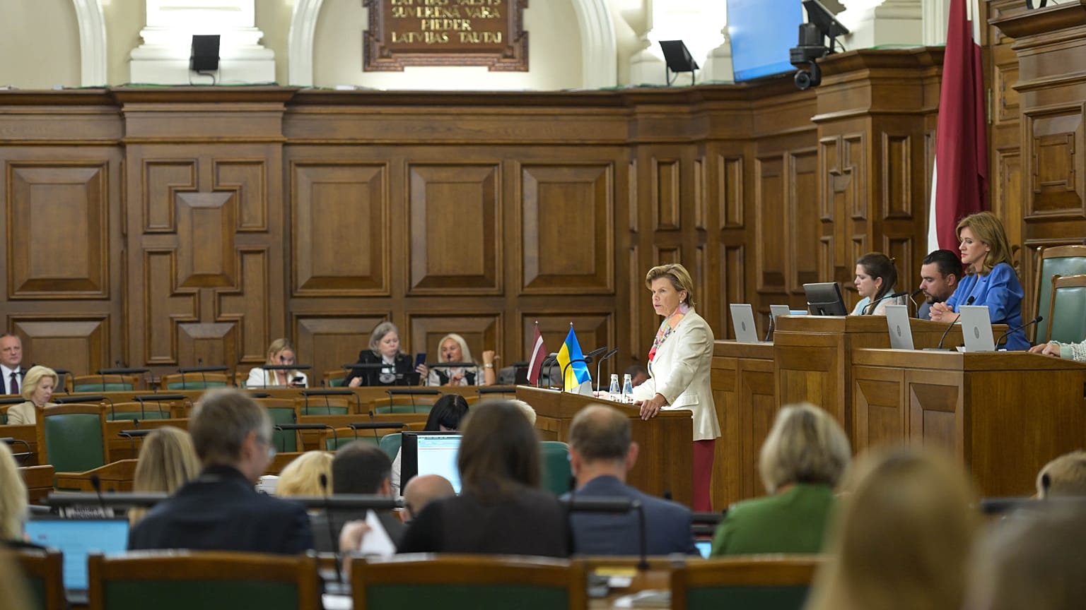 Foreign Minister Baiba Braže at the Latvian Parliament on 23 July.