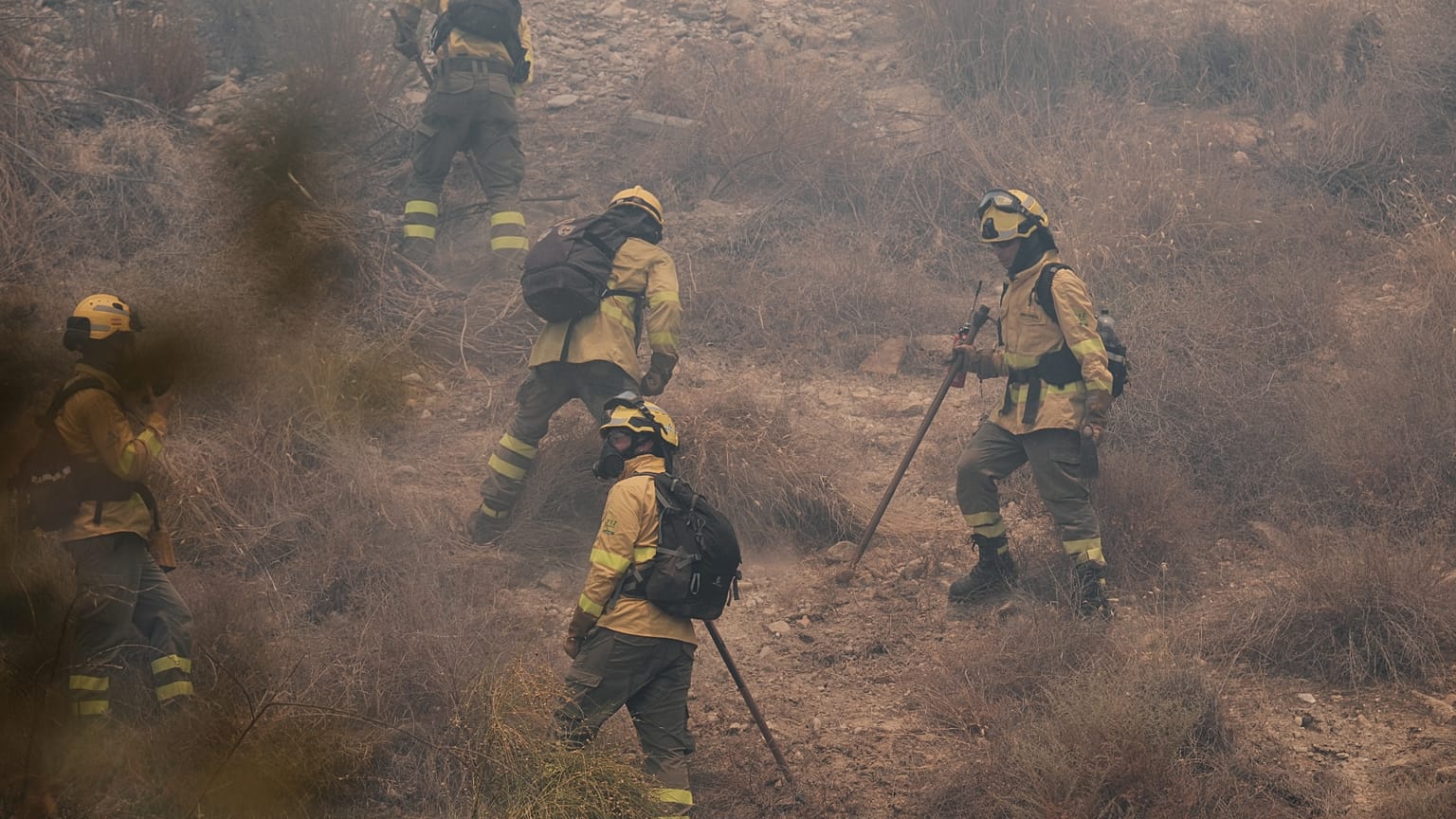 Los bomberos trabajan en un incendio forestal en Los Gallardos, cerca de Almería, España, el viernes 10 de julio de 2026.