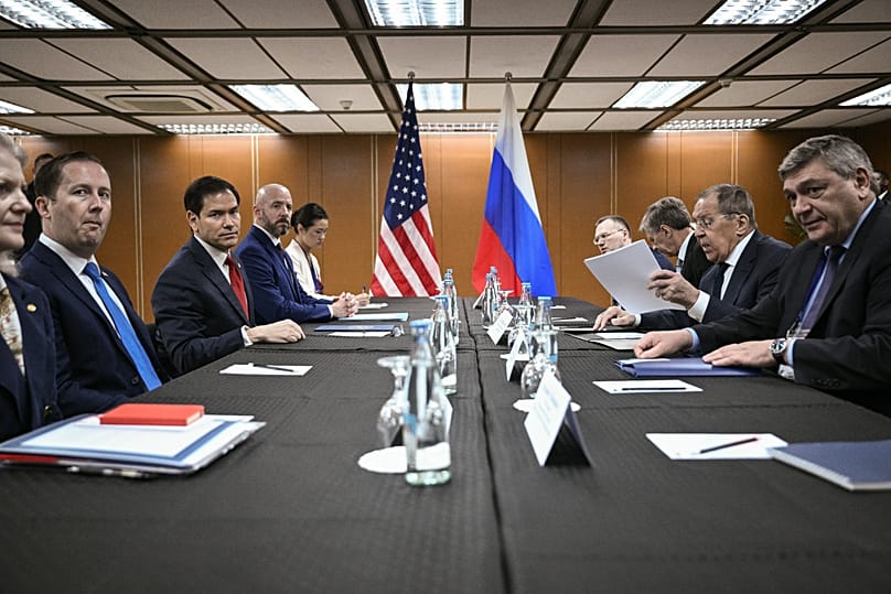 Russia's Foreign Minister Sergey Lavrov, second from right, attends a meeting with U.S. Secretary of State Marco Rubio.