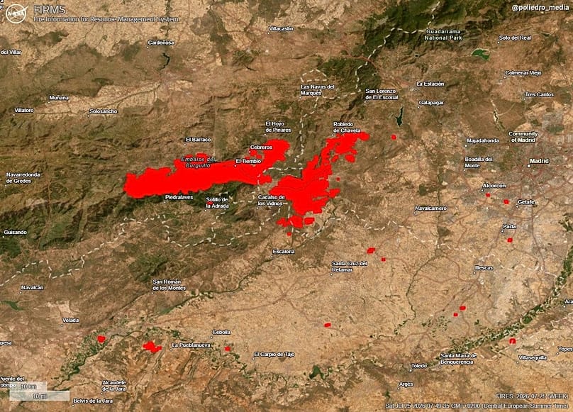 Situación de los incendios de Ávila y Madrid visto desde satélite, 25 de julio de 2026
