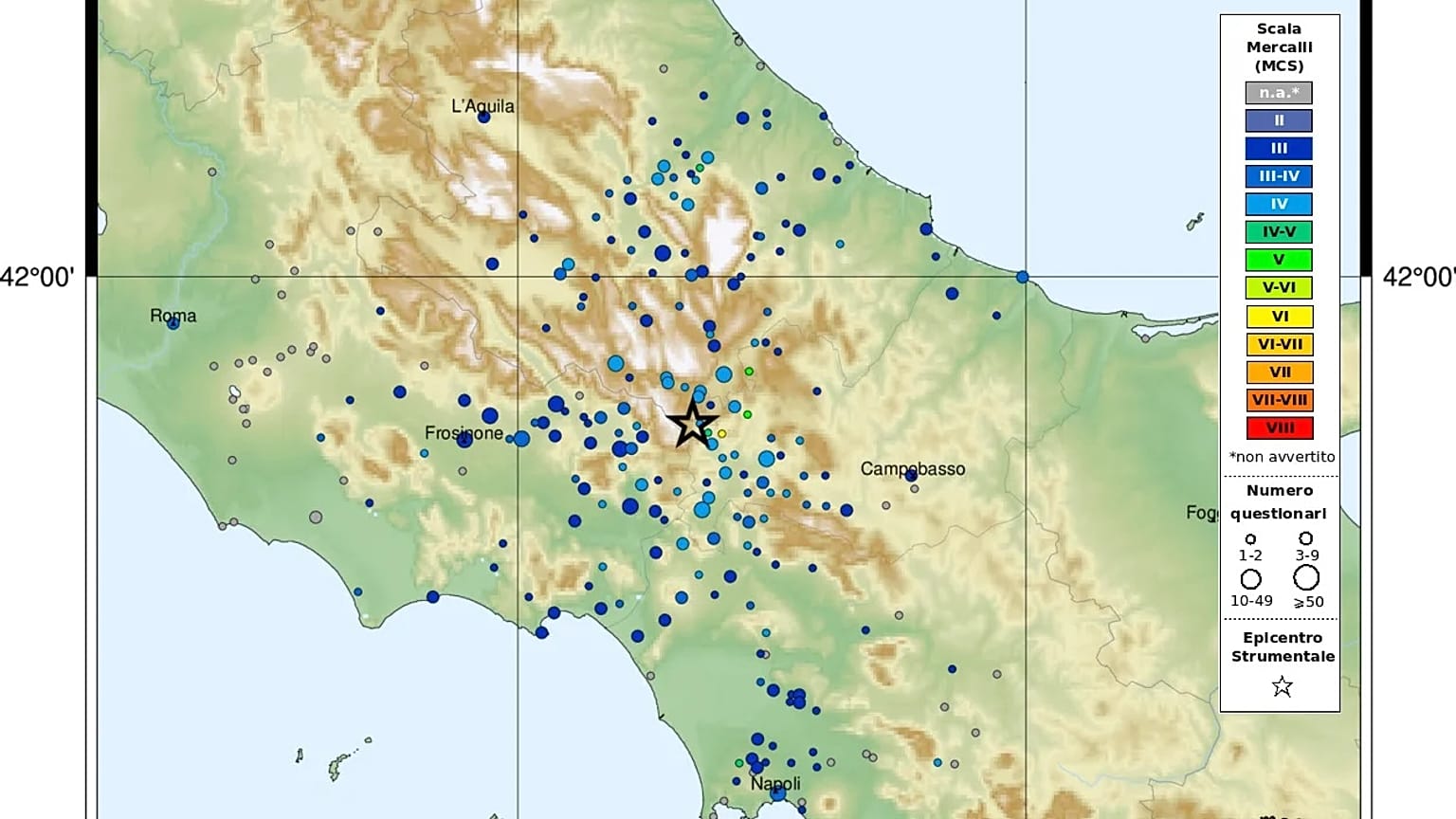 Mappa del terremoto registrato in provincia di Isernia, 25/07/2026 INGV