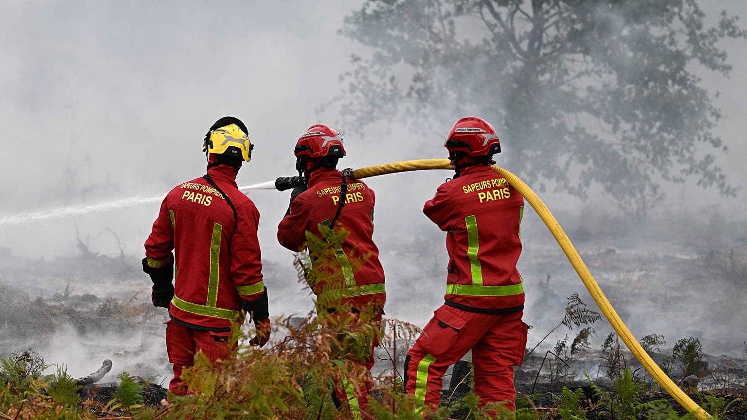 Des pompiers arrosent une forêt près de Marcheprime, dimanche 26 juillet 2026.