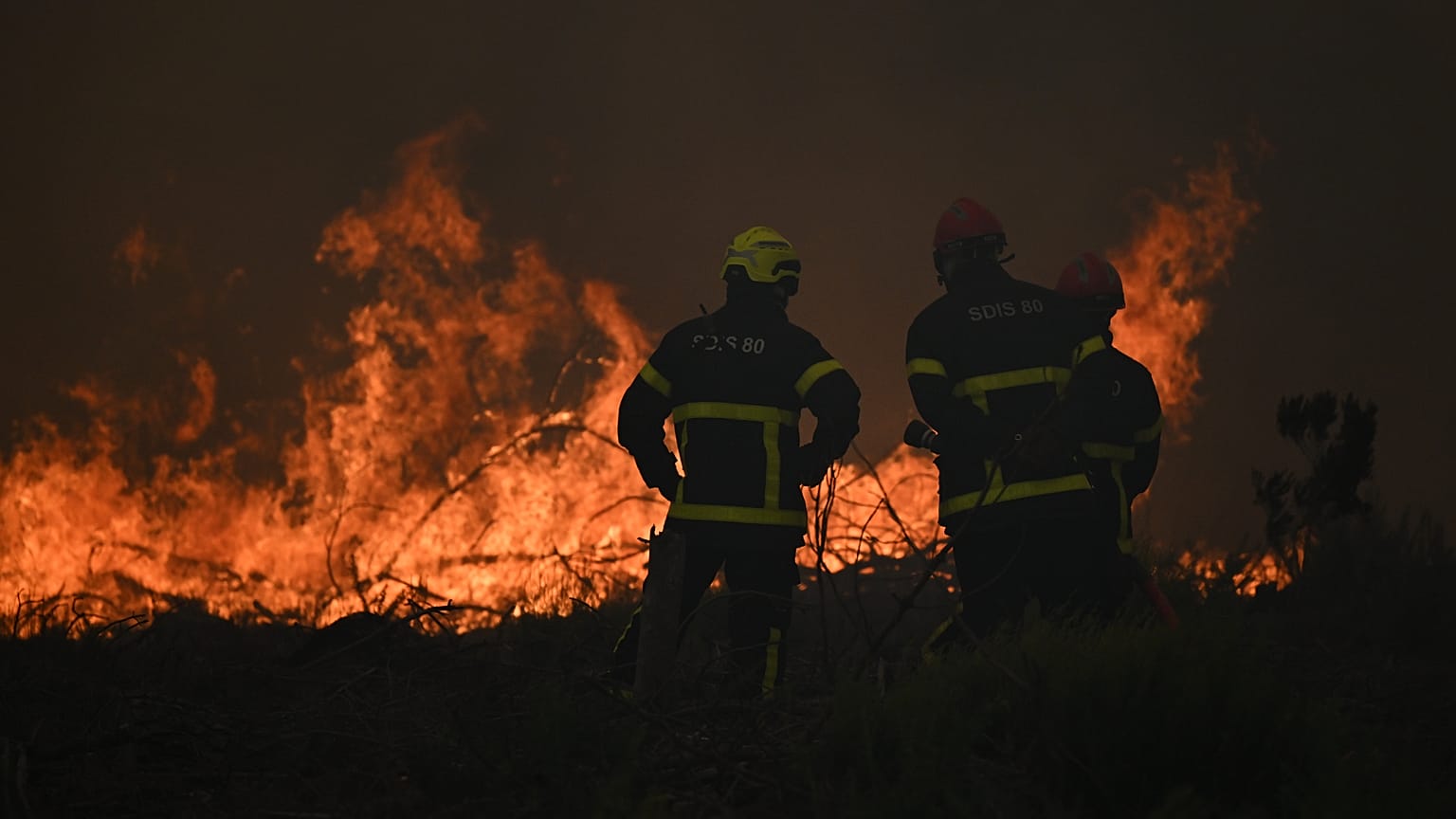 Des pompiers arrosent une forêt en feu près de Lacanau, samedi 25 juillet 2026.
