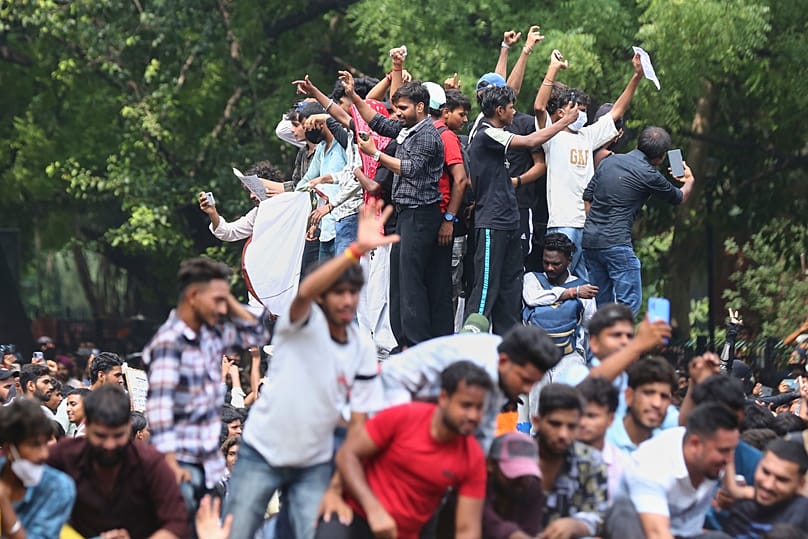 Protesters participate in a demonstration demanding educational reforms as part of the Cockroach Janta Party's ongoing protest movement in New Delhi, India, July 25, 2026.