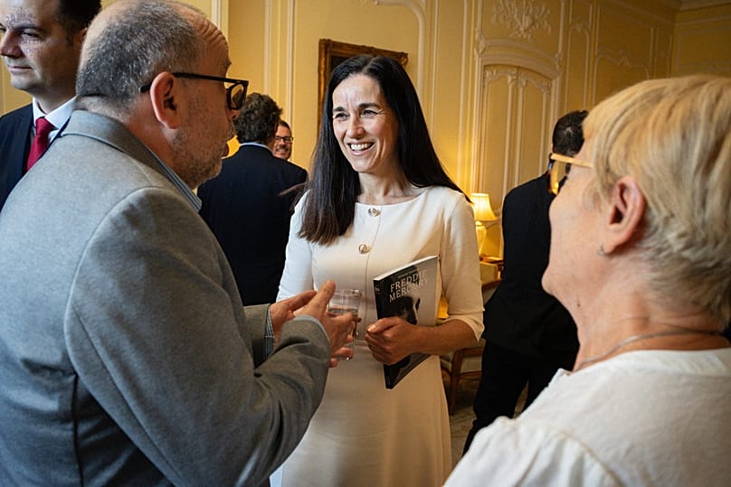 Orbán Anita külügyminiszter Körmendy Zsuzsával és Lukács Csabával beszélget a fogadáson 