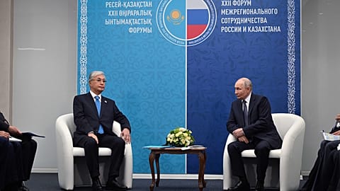 Kazakh President Tokayev arrives in Omsk, Russia, to attend the 22nd Forum of Interregional Cooperation between Kazakhstan and Russia, 25 July 2026. 