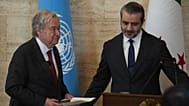 United Nations Secretary General Antonio Guterres leaves after a joint press conference with Syrian Foreign Minister Asaad al-Shibani, in Damascus, Syria, July 25, 2026.