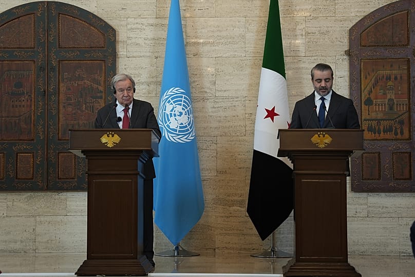 United Nations Secretary General Antonio Guterres attends a joint press conference with Syrian Foreign Minister Asaad al-Shibani, in Damascus, Syria, July 25, 2026.