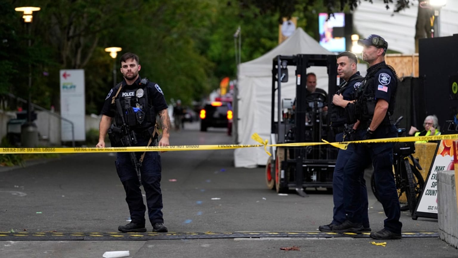 Police respond to a shooting at Seattle Center during the Bite of Seattle food festival Sunday, July 26, 2026, in Seattle, Washington