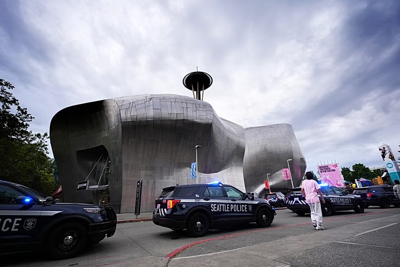 Police respond to a shooting at Seattle Center during the Bite of Seattle food festival Sunday, July 26, 2026, in Seattle, Washington