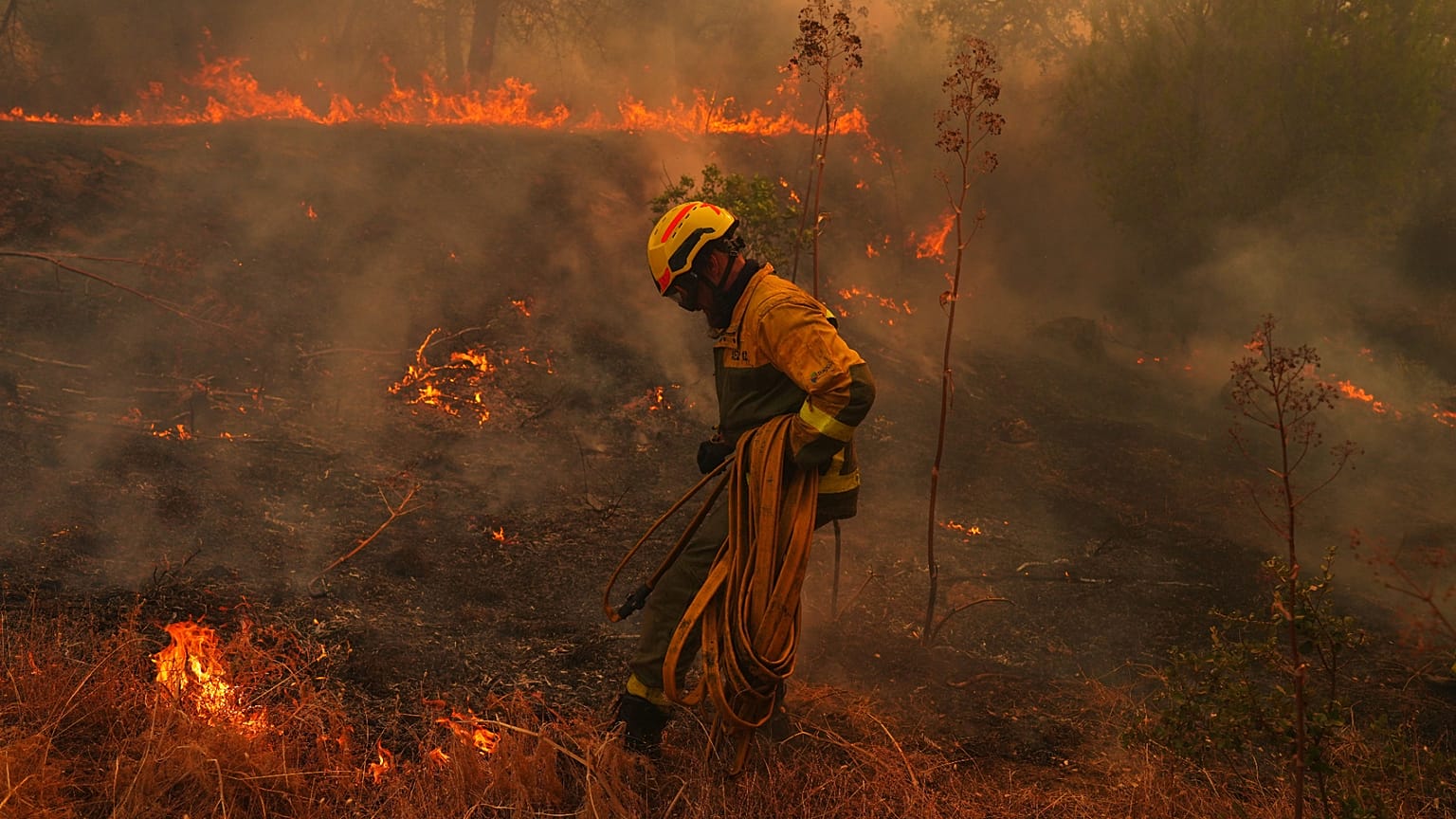 Un bombero transporta una manguera mientras combate un incendio forestal en San Martín de Valdeiglesias, al oeste de Madrid, España, el 26 de julio de 2026. 