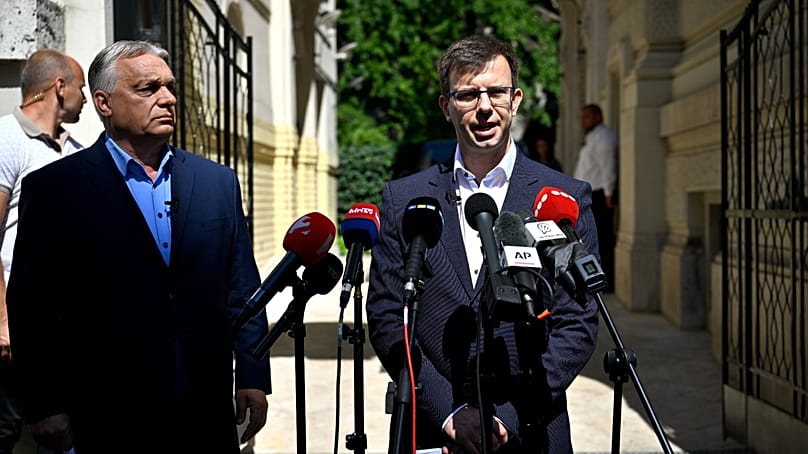 Former Hungarian Prime Minister and Chairman of the Fidesz party Viktor Orban, left, and new faction leader of the party Janos Boka, July 22, 2026. (Robert Hegedus/MTI via AP)