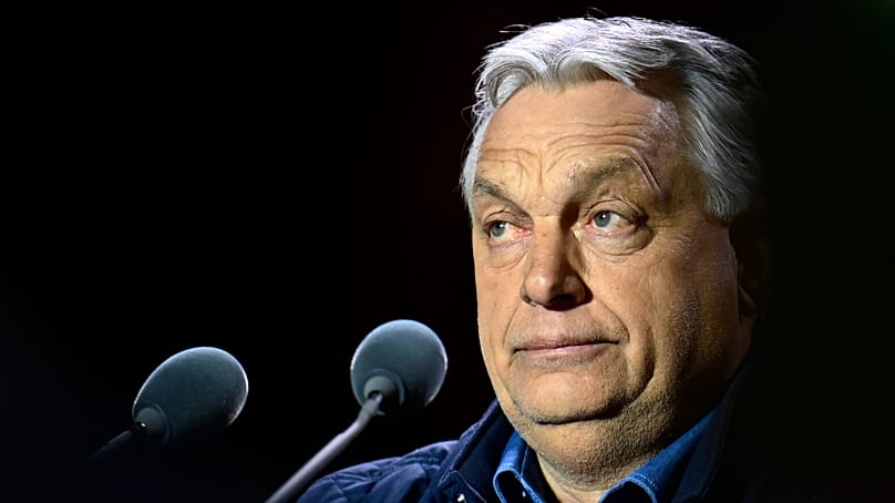 Hungary's Prime Minister Viktor Orban attends the electoral campaign closing rally of the governing Fidesz in Budapest, Hungary, April 11, 2026. (AP Photo/Denes Erdos)