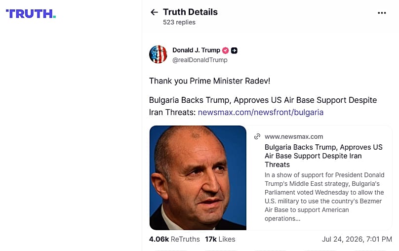 Screenshot of Truth Socail post by US President Donald Trump