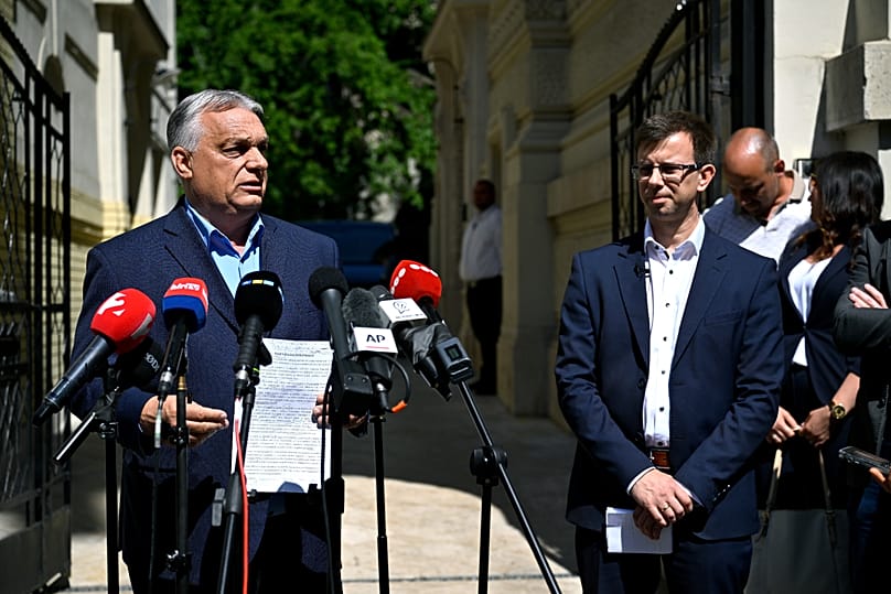 Former Hungarian Prime Minister and Chairman of the Fidesz party Viktor Orban, left, and new faction leader of the party Janos Boka hold a press conference at Fidesz HQ