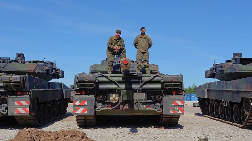Kevin and "Rogi" on a Leopard 2 tank in Pabradė, 23 June 2026.