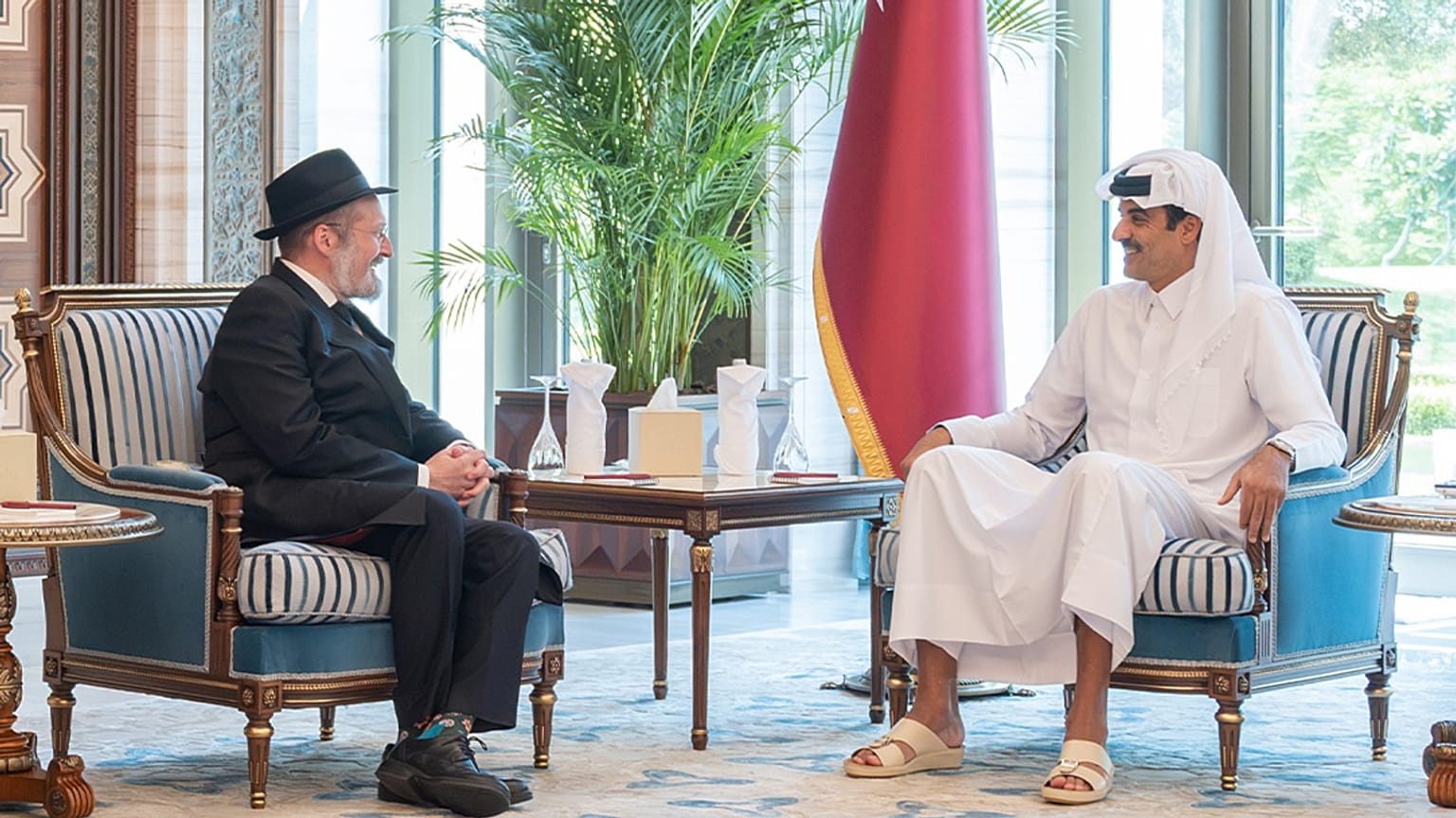 Qatar's Emir Sheikh Tamim bin Hamad Al-Thani and Chairman of the Alliance of Rabbis in Islamic States Rabbi Mendy Chitrik at Lusail Palace in Doha, 27 July 2026