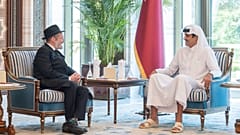 Qatar's Emir Sheikh Tamim bin Hamad Al-Thani and Chairman of the Alliance of Rabbis in Islamic States Rabbi Mendy Chitrik at Lusail Palace in Doha, 27 July 2026