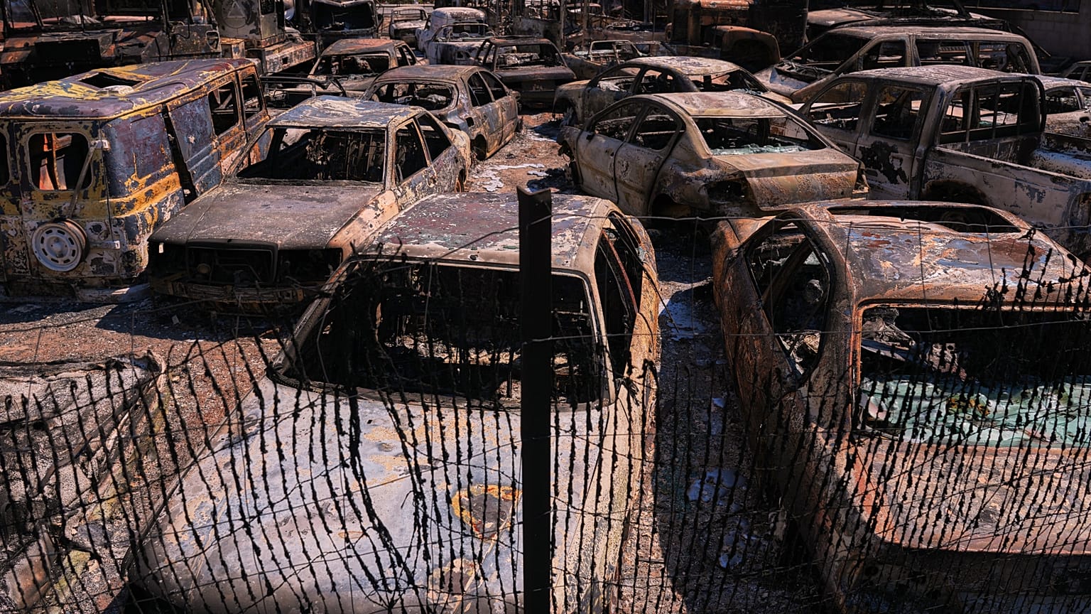 Burnt-out vehicles remain in a car park in Chapinería, Madrid province, on 27 July 2026.