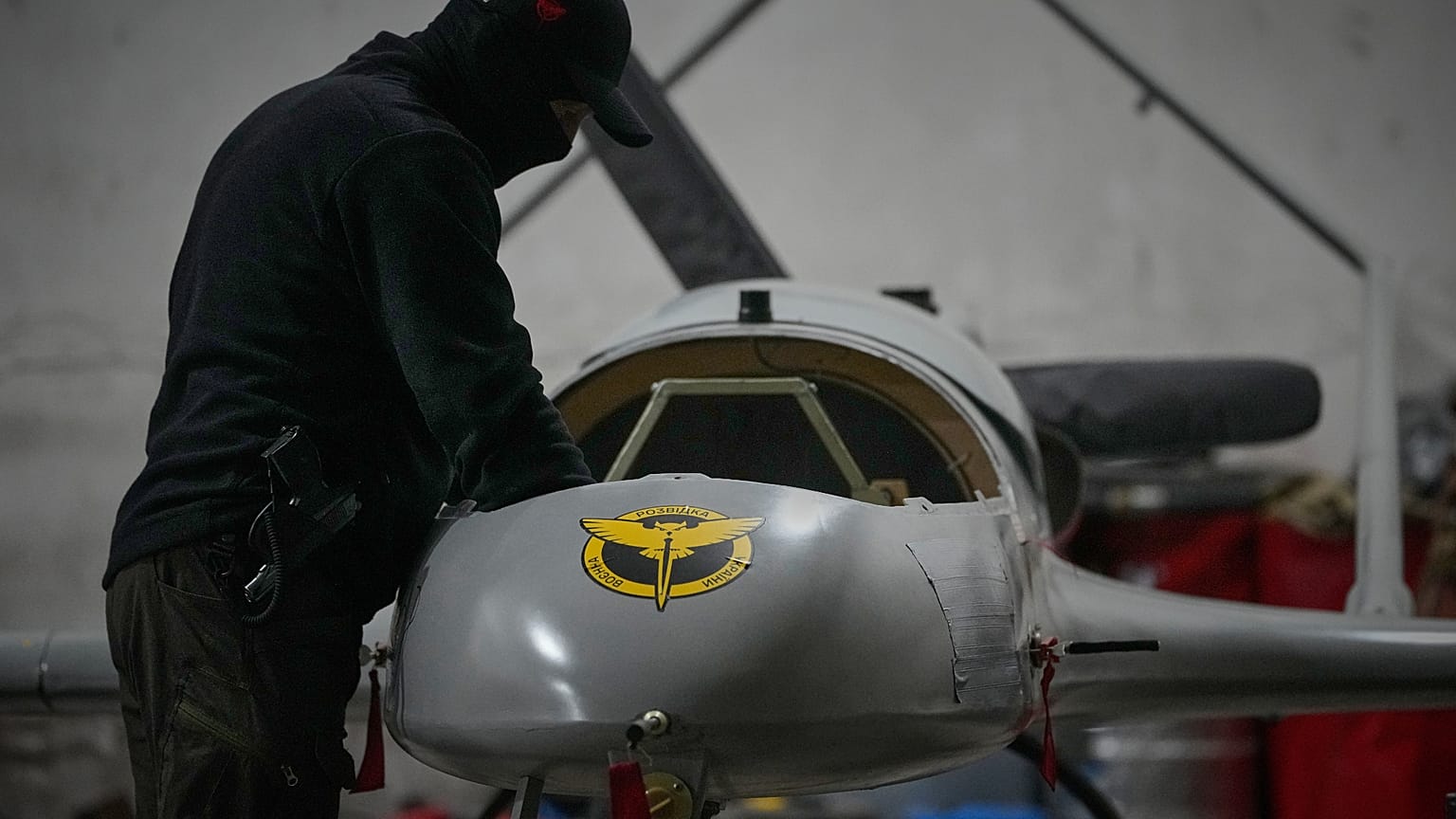 A serviceman of Ukraine's Defence Intelligence prepares an An-196 Liutyi (Fierce) one-way deep strike drone in an undisclosed location in Ukraine late Thursday, May 28, 2026.