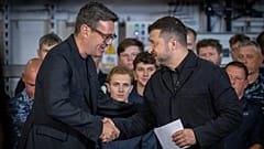 Britain's Prime Minister Andy Burnham, left, and Ukraine's President Volodymyr Zelenskyy visit HM Naval Base in Portsmouth, England, Monday 27 July, 2026.