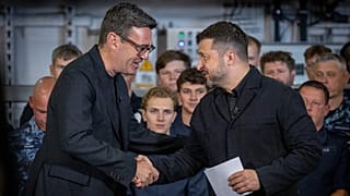 Britain's Prime Minister Andy Burnham, left, and Ukraine's President Volodymyr Zelenskyy visit HM Naval Base in Portsmouth, England, Monday 27 July, 2026.