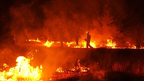Firefighters use controlled burning to halt a wildfire that continues to spread near Cebreros, Ávila province, Spain, Tuesday, July 28, 2026. 