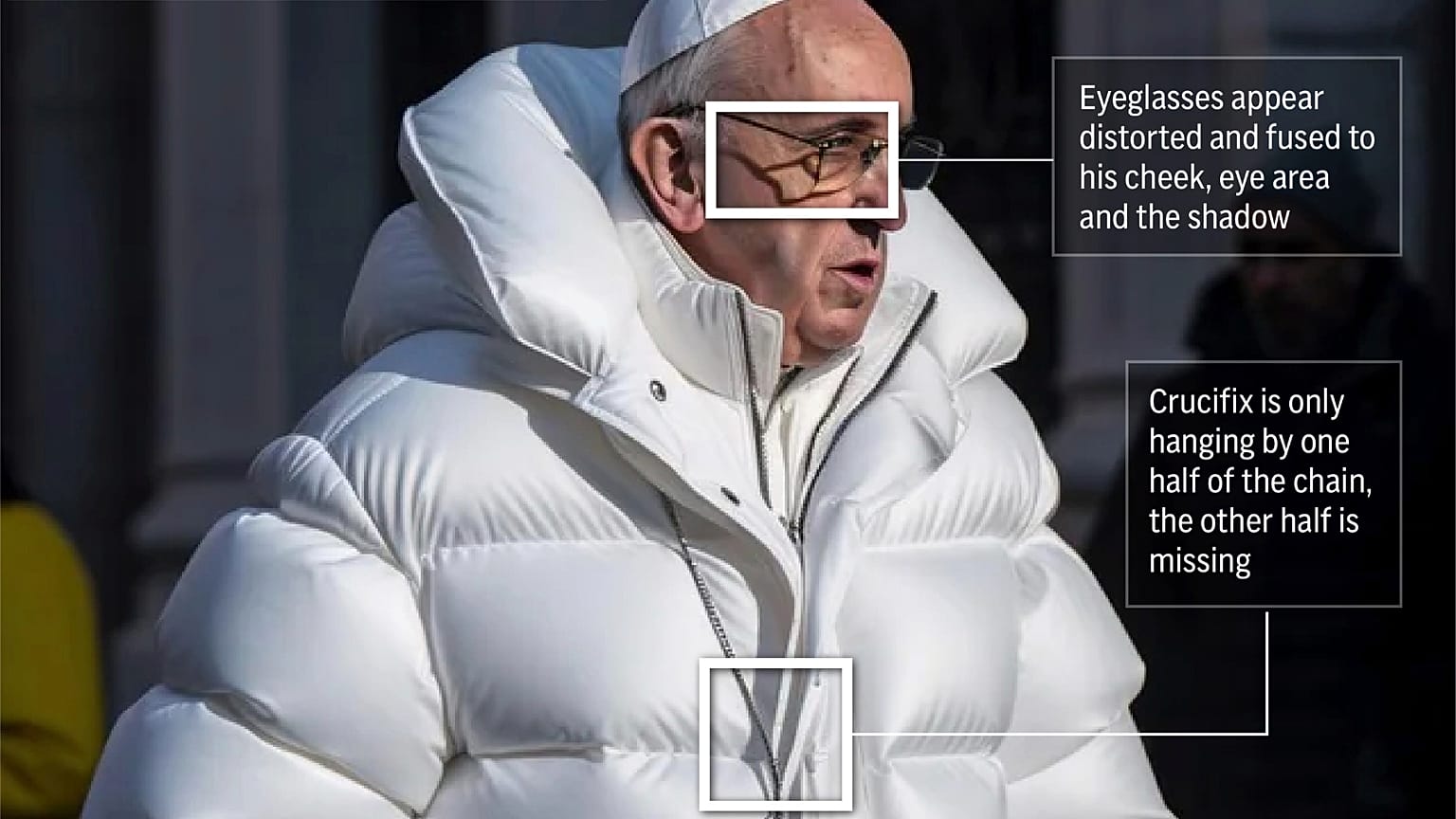El gráfico ilustrado con fotos señala algunas zonas destacadas del deepfake de IA del papa Francisco.