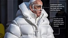 El gráfico ilustrado con fotos señala algunas zonas destacadas del deepfake de IA del papa Francisco.