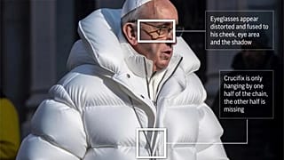 The photo-illustrated graphic highlights a few notable areas of an AI-deepfake of Pope Francis.