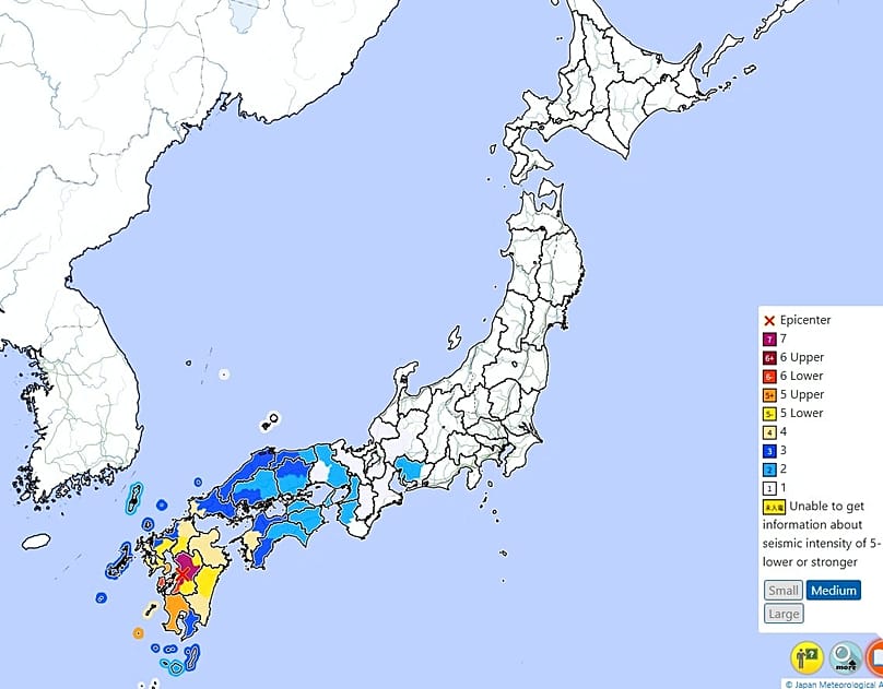 A földrengés által érintett területek Japán déli részén
