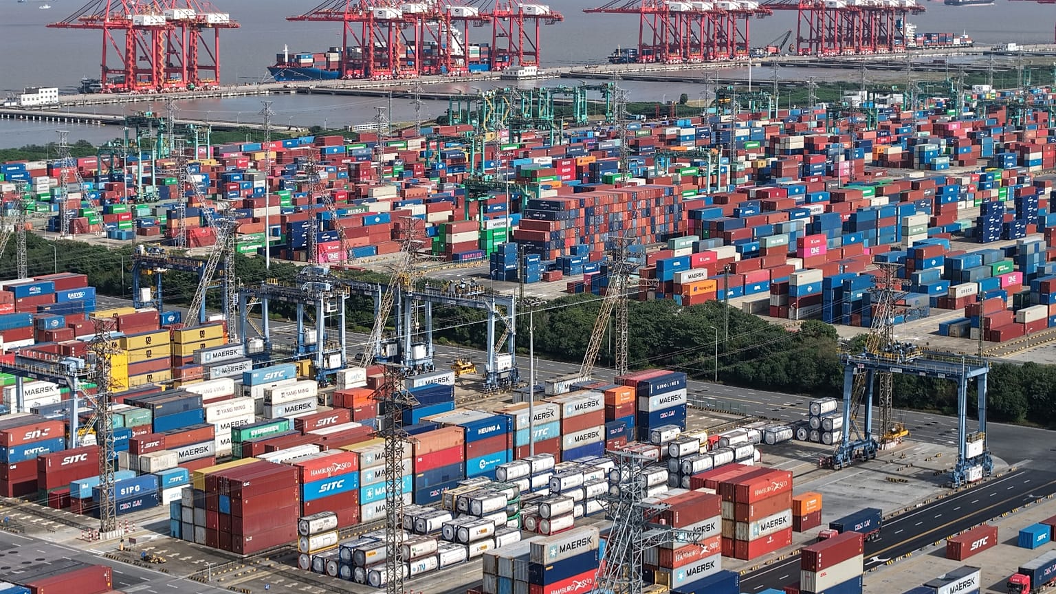 An aerial view of a container terminal in seen in Shanghai, Tuesday, 10 March 2026.