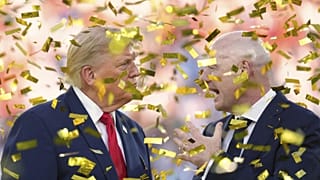 President Trump speaks with FIFA President Gianni Infantino as confetti falls at the conclusion of the World Cup final between Spain and Argentina, Sunday, July 19, 2026