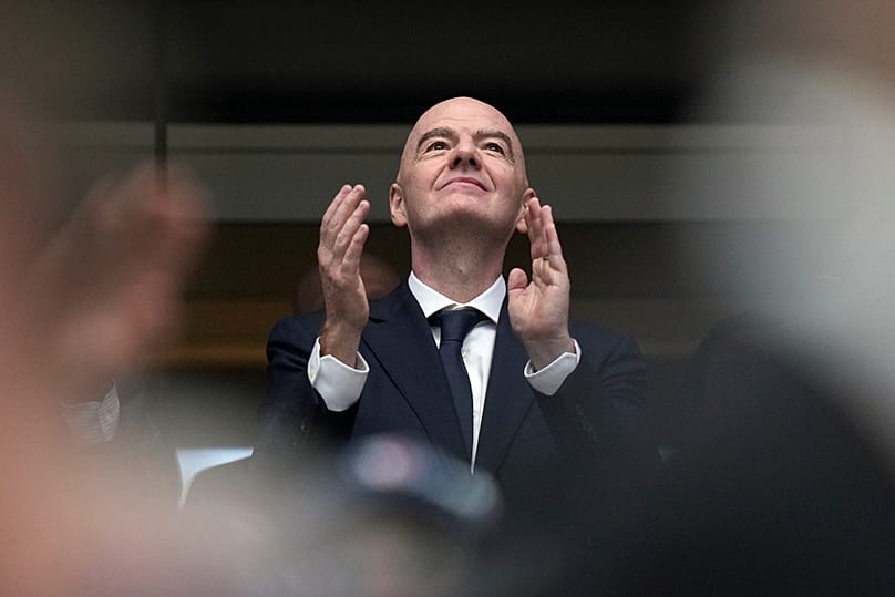 FIFA president Gianni Infantino is seen prior to the World Cup semifinal match between France and Spain in Arlington, Texas, near Dallas, Tuesday, July 14, 2026