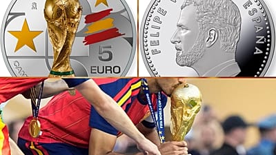 Az emlékérme elő- és hátlapján Spanyolország a világbajnoki trófeát emeli a magasba.