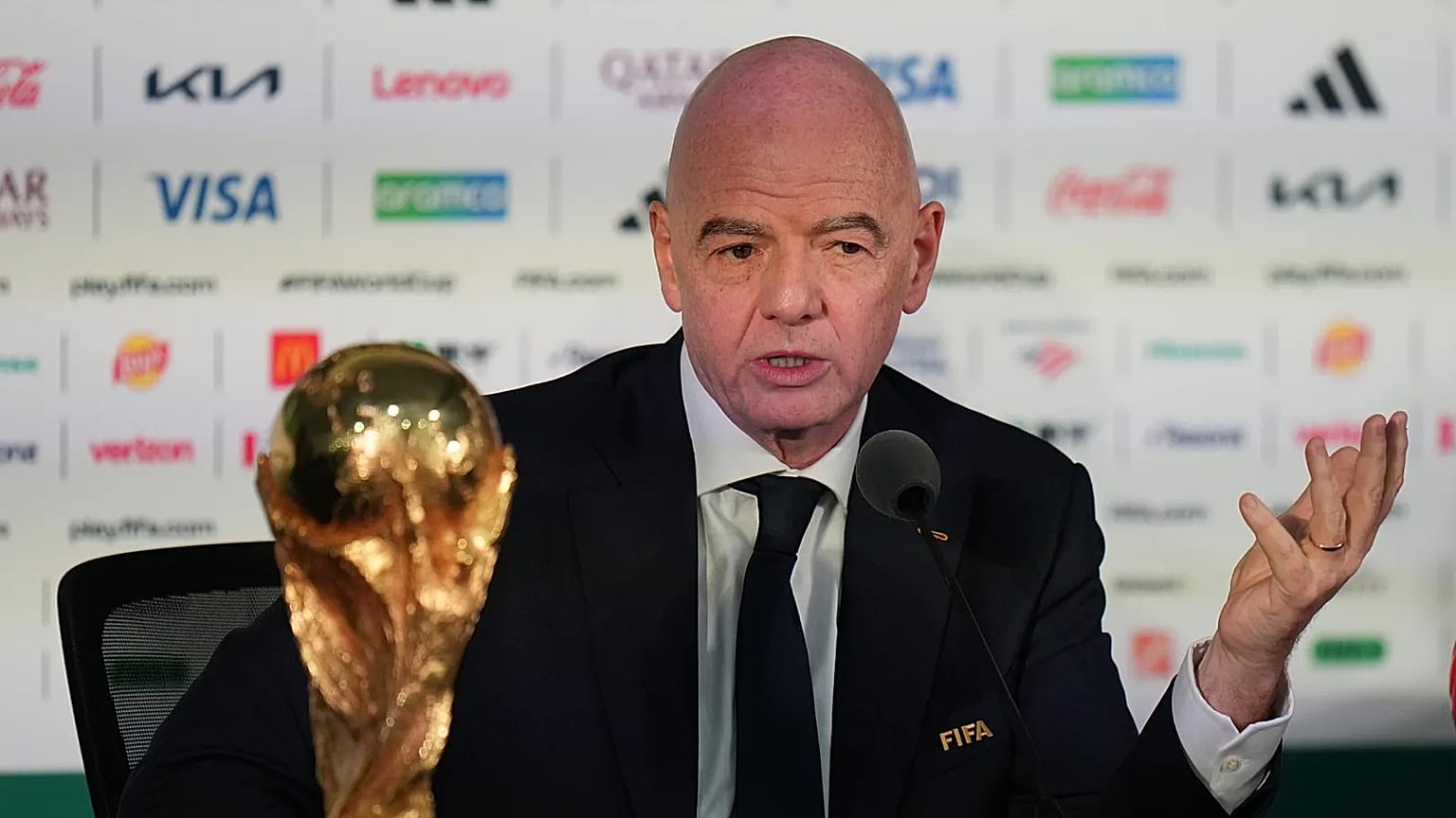 FIFA President Gianni Infantino speaks during a news conference at the stadium in Mexico City, Wednesday, June 10, 2026,
