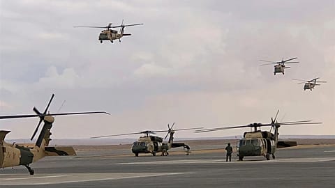 Black Hawk helicopters were featured in a hostage rescue drill at a Jordanian military base near the town of Zarqa, Jordan, Sunday, Jan. 28, 2018. Jordan marked the delivery o