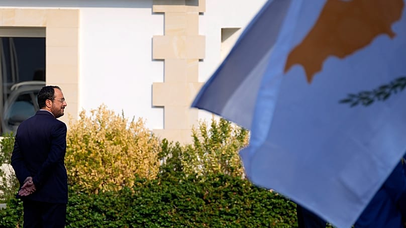 Cyprus' President Nikos Christodoulides stands by a military guard of honour before a meeting at the Presidential palace in Lefkosia, Cyprus, on 9 March, 2023.