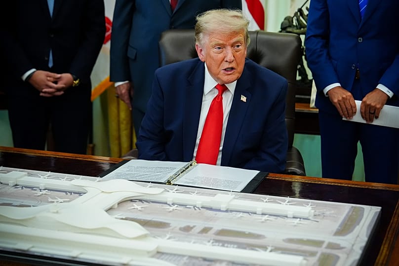 US President Donald Trump speaks about Dulles International Airport modernisation, in the Oval Office of the White House, Wednesday, July 29, 2026, in Washington