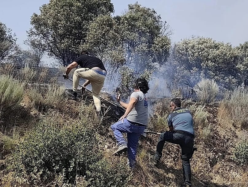 Los vecinos ayudan a la Guardia Civil a contener las llamas en el incendio forestal de Fermoselle (Zamora).