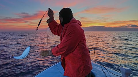 Il pescatore Photis Gaitanos cattura un pesce rospo mentre pesca dalla sua barca al largo di Larnaca, Cipro, nel Mediterraneo orientale, sabato 20 dicembre 2025.