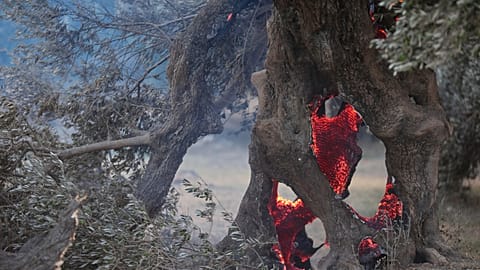 FILE: Braci ardono all'interno di un ulivo durante un incendio boschivo a Rethymno, Creta, Grecia, mercoledì 29 luglio 2026, dove sono morti due vigili del fuoco.
