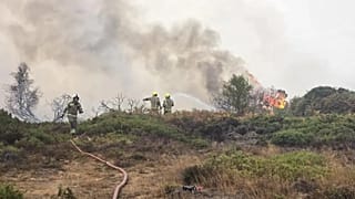 Firefighters tackling the blaze.