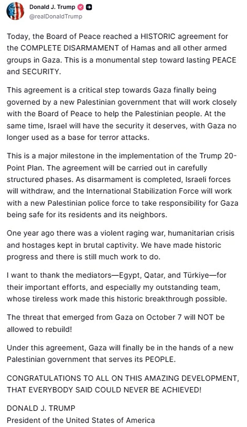 US President Donald Trump announces Board of Peace deal to disarm Hamas and Israel to withdraw forces from Gaza in a post on Truth Social, 31 July, 2026