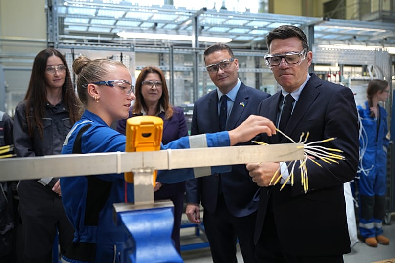 British Prime Minister Andy Burnham and Defence Secretary Wes Streeting visit Submarine Academy for Skills and Knowledge at BAE Systems, in England, July 30, 2026. 
